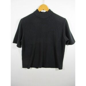 Koret High Neck Sweater Women Large Fuzzy Black Mockneck Short Sleeve Y2K